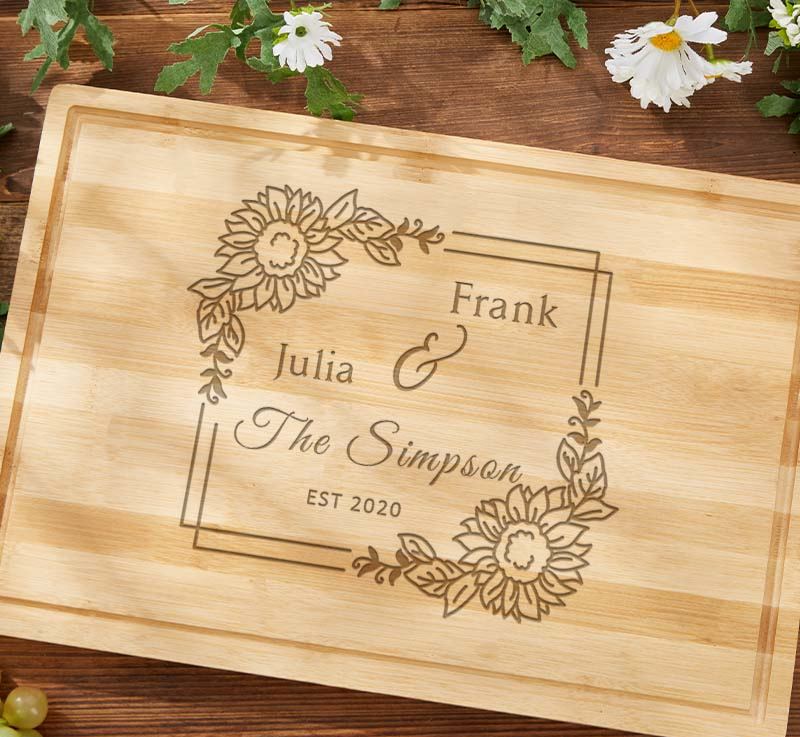 Personalized Couple Cutting Board Engraved Bamboo Floral Square Frame Design Cutting Board with Couple Name Wedding Anniversary Gift Board