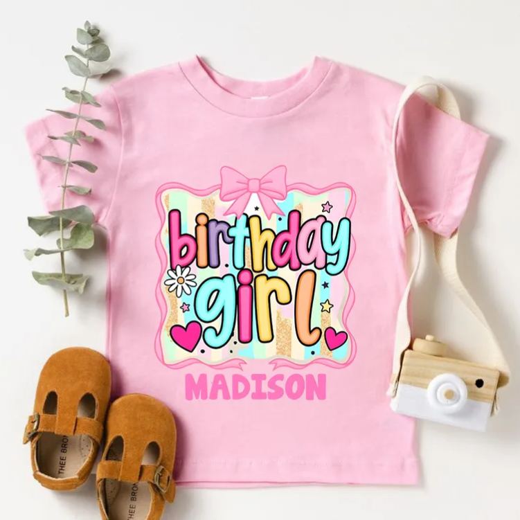 Personalized Birthday Girl Kids T-Shirt with Bright Colors and Fun Bow Design for Celebratory Style