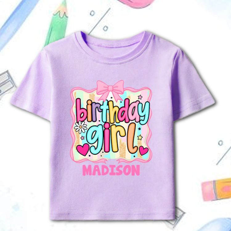 Personalized Birthday Girl Kids T-Shirt with Bright Colors and Fun Bow Design for Celebratory Style