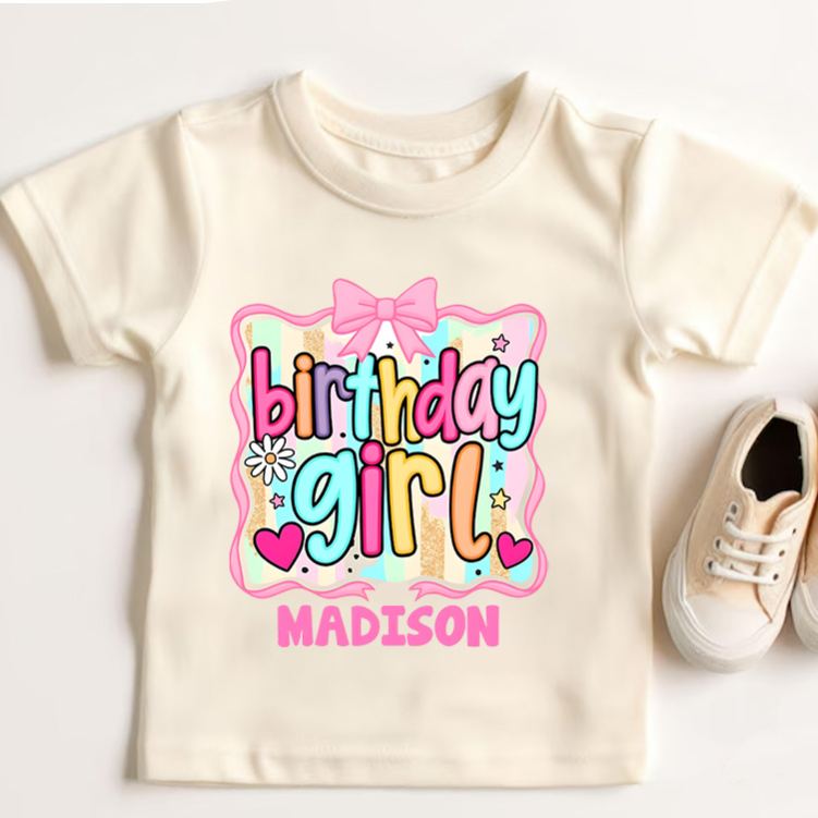 Personalized Birthday Girl Kids T-Shirt with Bright Colors and Fun Bow Design for Celebratory Style