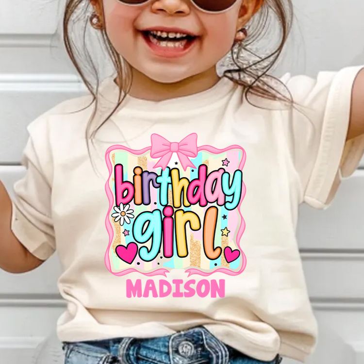 Personalized Birthday Girl Kids T-Shirt with Bright Colors and Fun Bow Design for Celebratory Style