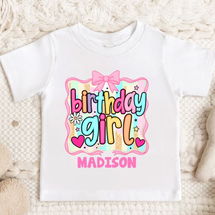Personalized Birthday Girl Kids T-Shirt with Bright Colors and Fun Bow Design for Celebratory Style