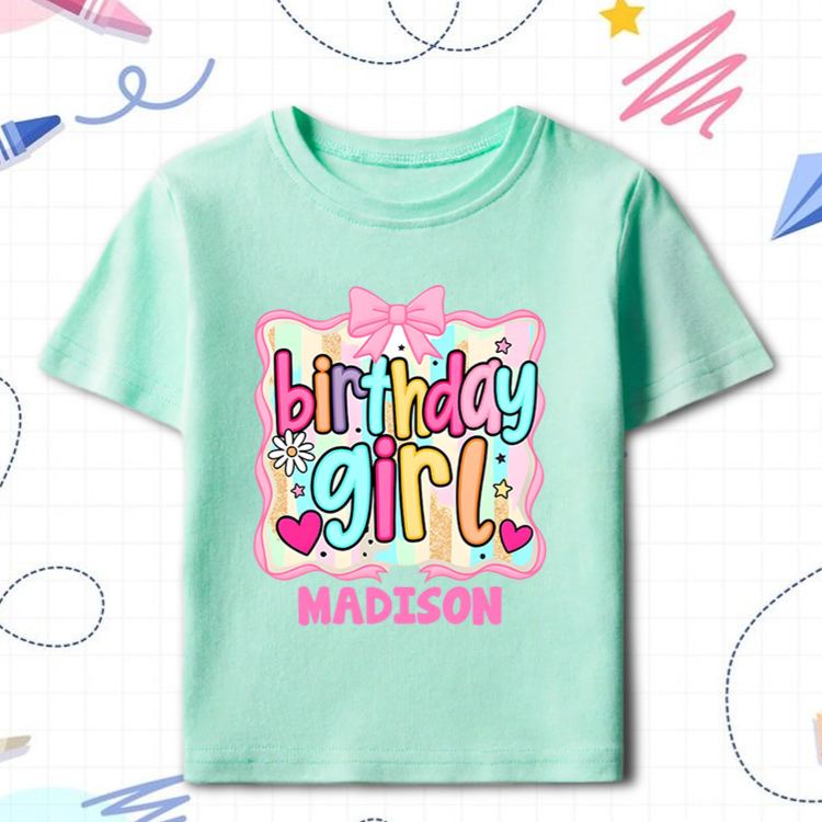 Personalized Birthday Girl Kids T-Shirt with Bright Colors and Fun Bow Design for Celebratory Style
