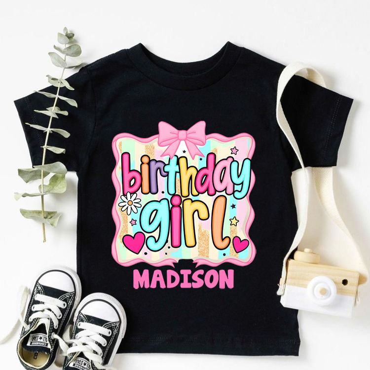 Personalized Birthday Girl Kids T-Shirt with Bright Colors and Fun Bow Design for Celebratory Style