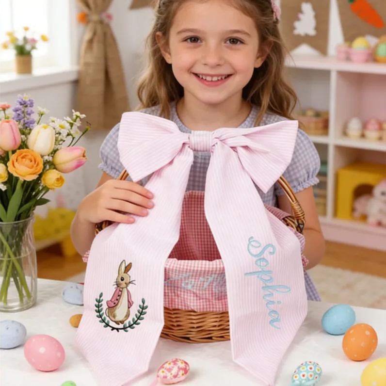Personalized Embroidered Embroidery Name Basket Bow Custom Seersucker Ribbon with Bunny Design for Kids