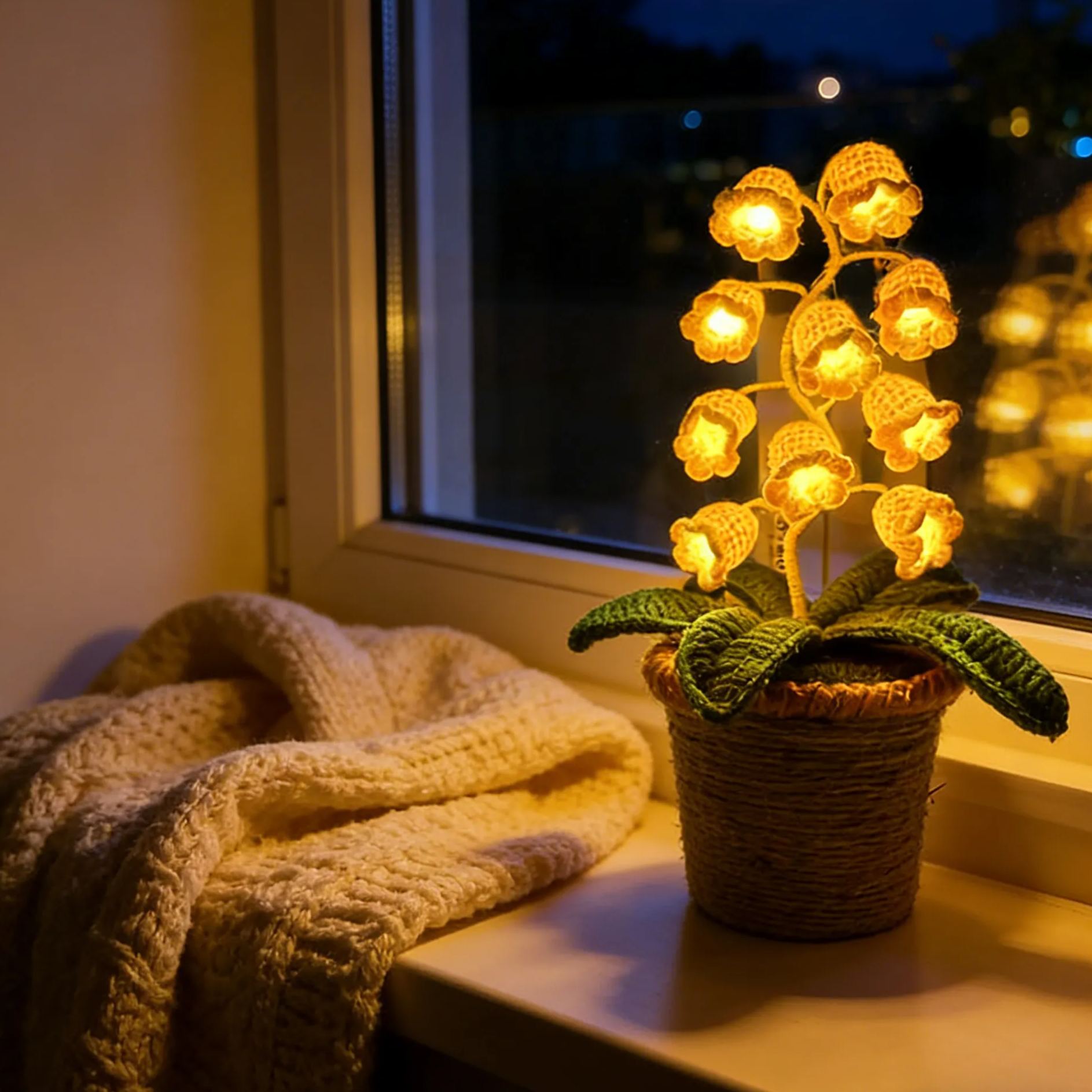 Personalized Crochet Handmade Lily Potted Plant Light Lamp Lilies of the Valley Finished Flower Desk Decoration Valentine's Day Gift For Her