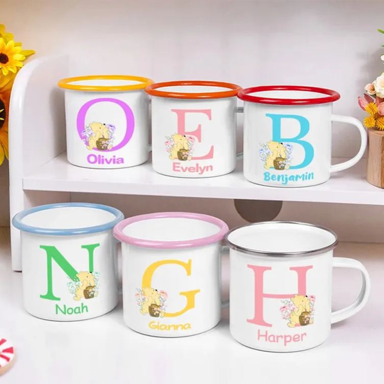Personalized Cute Classic Bear Enamel Mug with Initial and Name Back to School Birthday Easter Gift for Kids