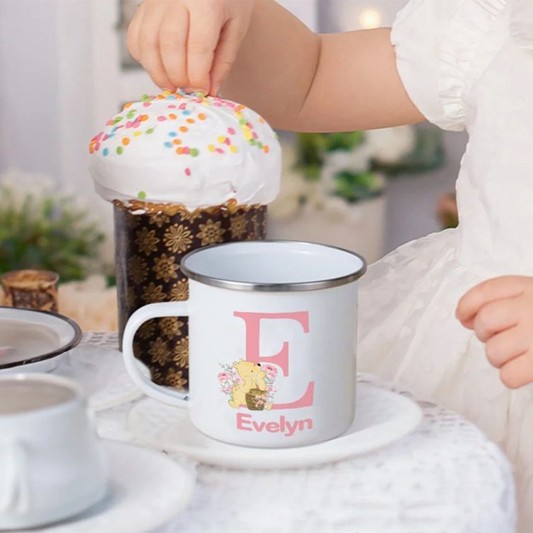 Personalized Cute Classic Bear Enamel Mug with Initial and Name Back to School Birthday Easter Gift for Kids