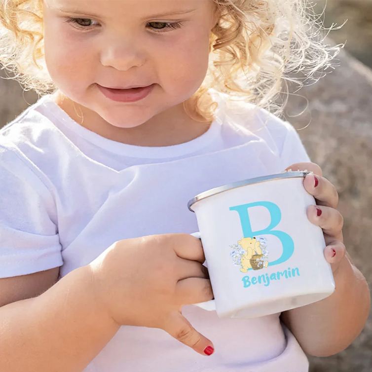 Personalized Cute Classic Bear Enamel Mug with Initial and Name Back to School Birthday Easter Gift for Kids