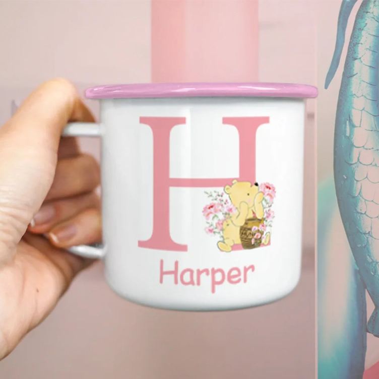 Personalized Cute Classic Bear Enamel Mug with Initial and Name Back to School Birthday Easter Gift for Kids