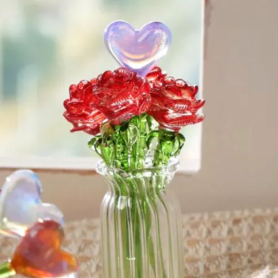 Hand Heart Blown Glass Flower Bouquet with Birth Month Heart & Birthstone – Topper Mother's Day Gift for Her