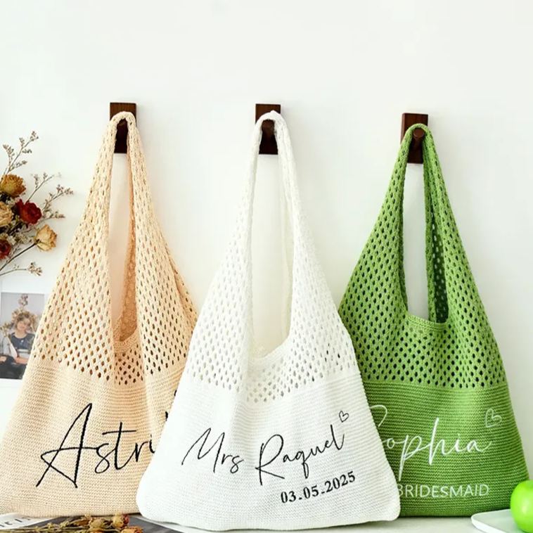 Personalized Knitted Beach Bag with Embroidered Name for Her  Crochet Tote Bag for Women Travel Vacation Gifts for Girlfriend Wife