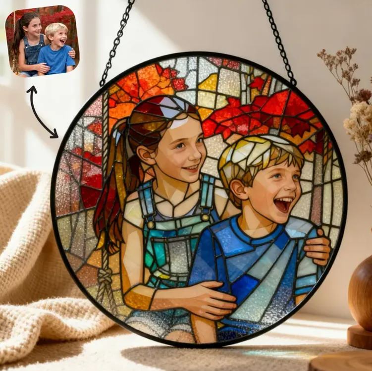 Personalized Stained Glass Portrait Ornament Christmas Suncatcher Kids Photo Gift Holiday Keepsake