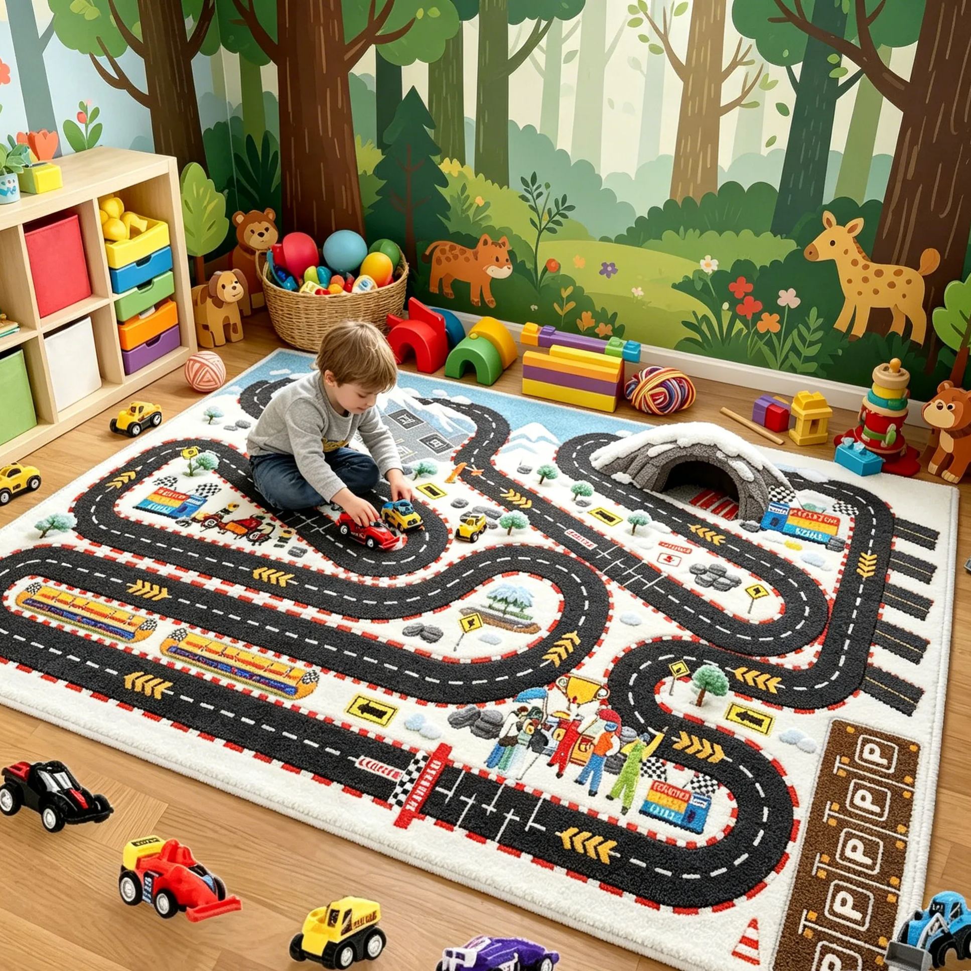 Personalized Car Track Play Rug Custom Nürburgring Style Race Circuit Mat, Soft Faux Wool Carpet for Toddlers & Kids Racer