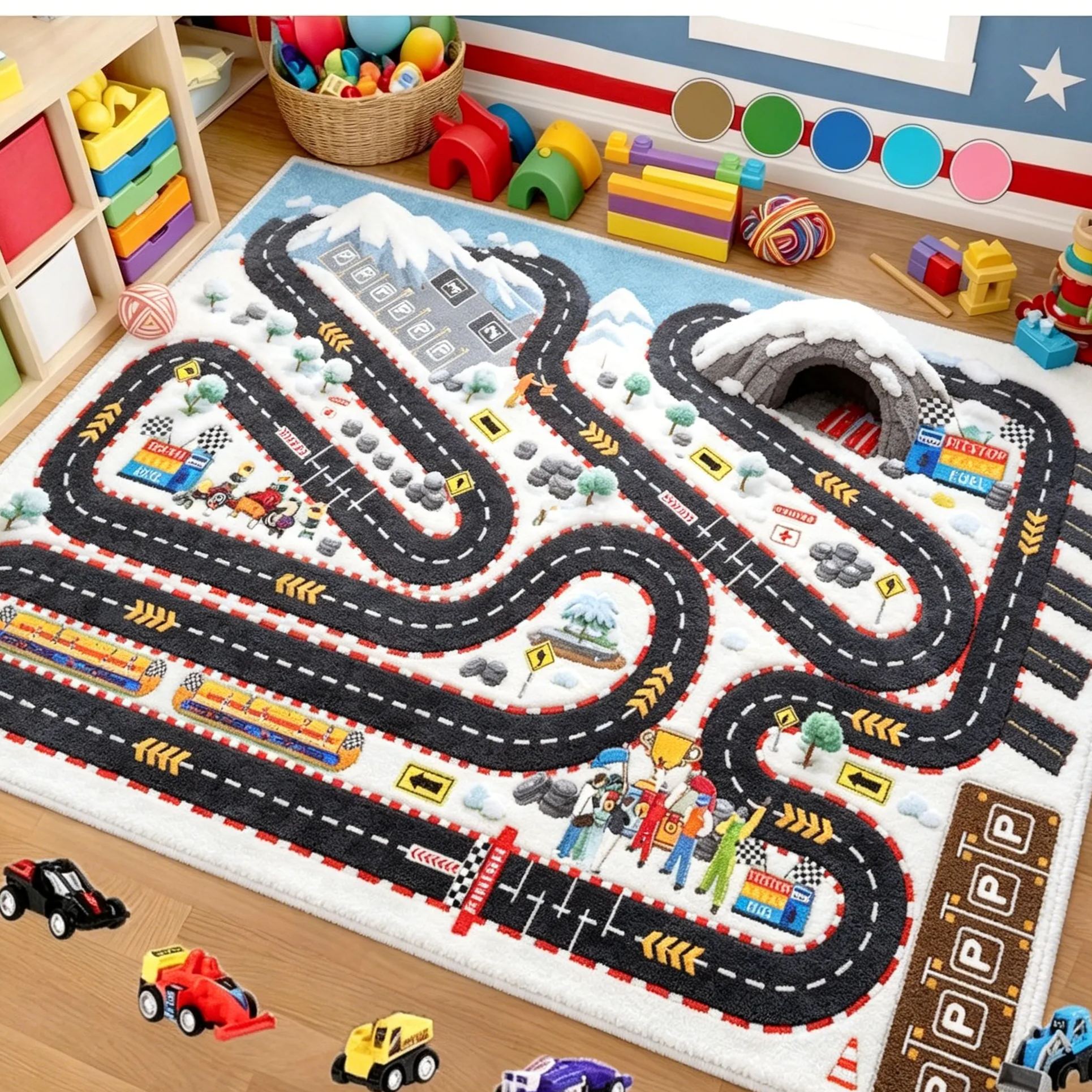 Personalized Car Track Play Rug Custom Nürburgring Style Race Circuit Mat, Soft Faux Wool Carpet for Toddlers & Kids Racer