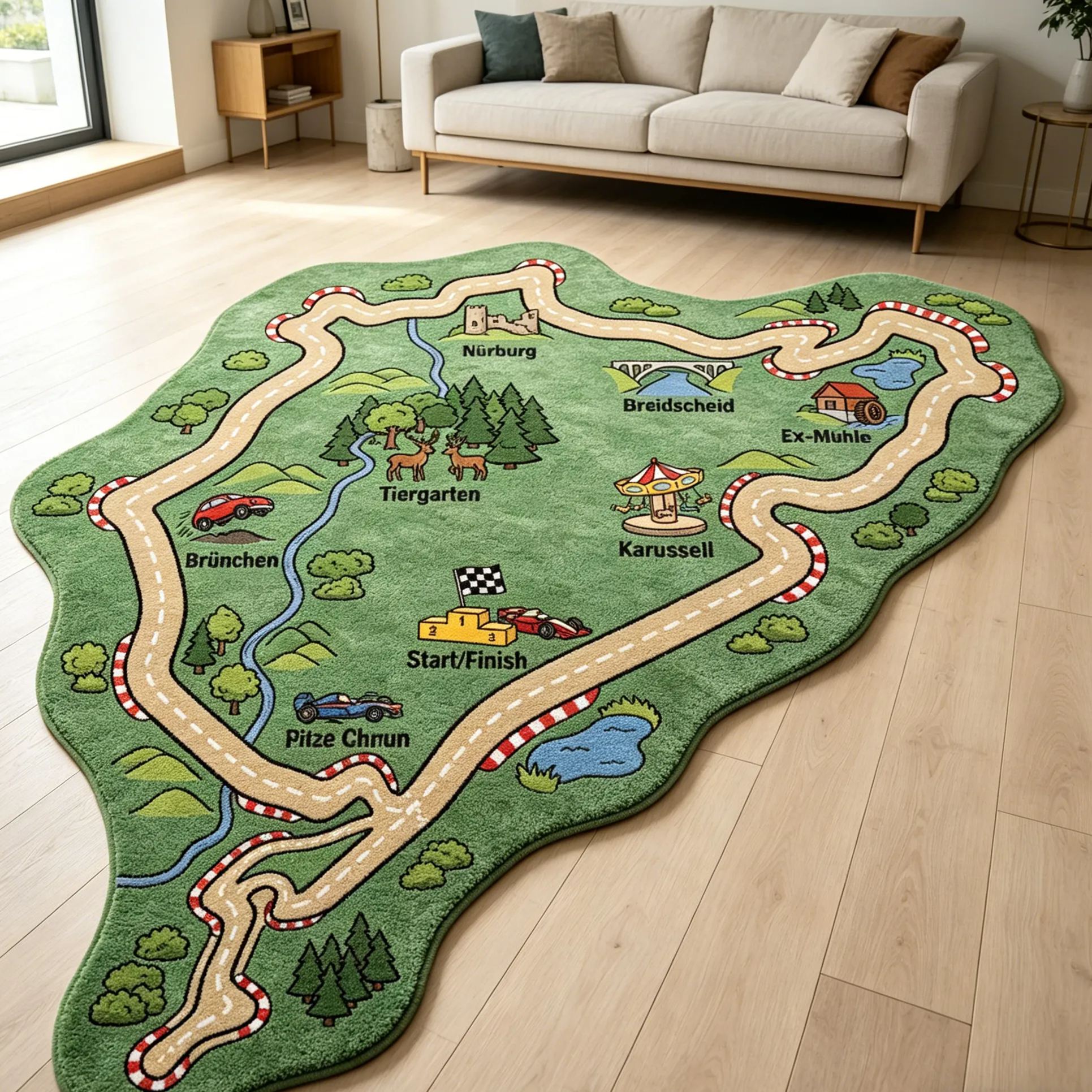 [Copy]Personalized Car Track Play Rug Custom Nürburgring Style Race Circuit Mat, Soft Faux Wool Carpet for Toddlers & Kids Racer