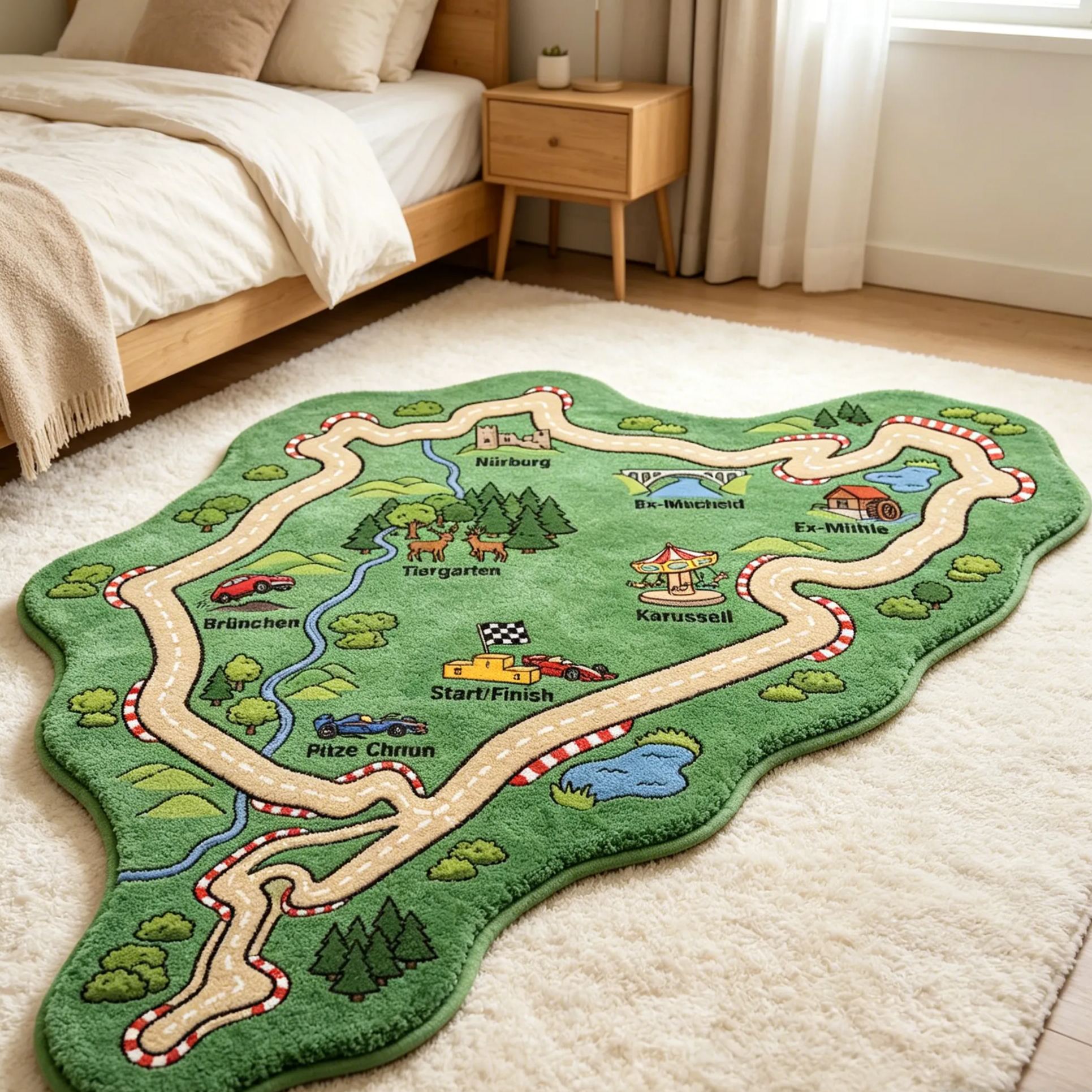[Copy]Personalized Car Track Play Rug Custom Nürburgring Style Race Circuit Mat, Soft Faux Wool Carpet for Toddlers & Kids Racer