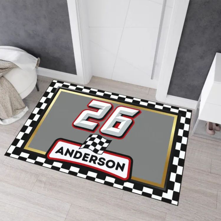Personalized Racing Doormat Custom Name and Number Checkered Flag Floor Mat Gift for Car Lovers and Motorsport Fans