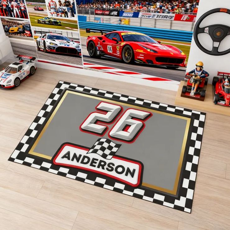 Personalized Racing Doormat Custom Name and Number Checkered Flag Floor Mat Gift for Car Lovers and Motorsport Fans
