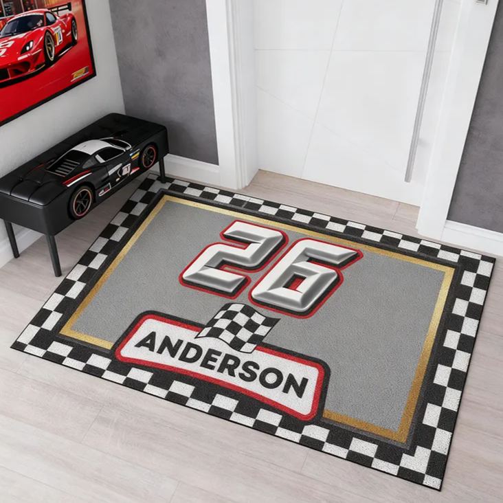Personalized Racing Doormat Custom Name and Number Checkered Flag Floor Mat Gift for Car Lovers and Motorsport Fans