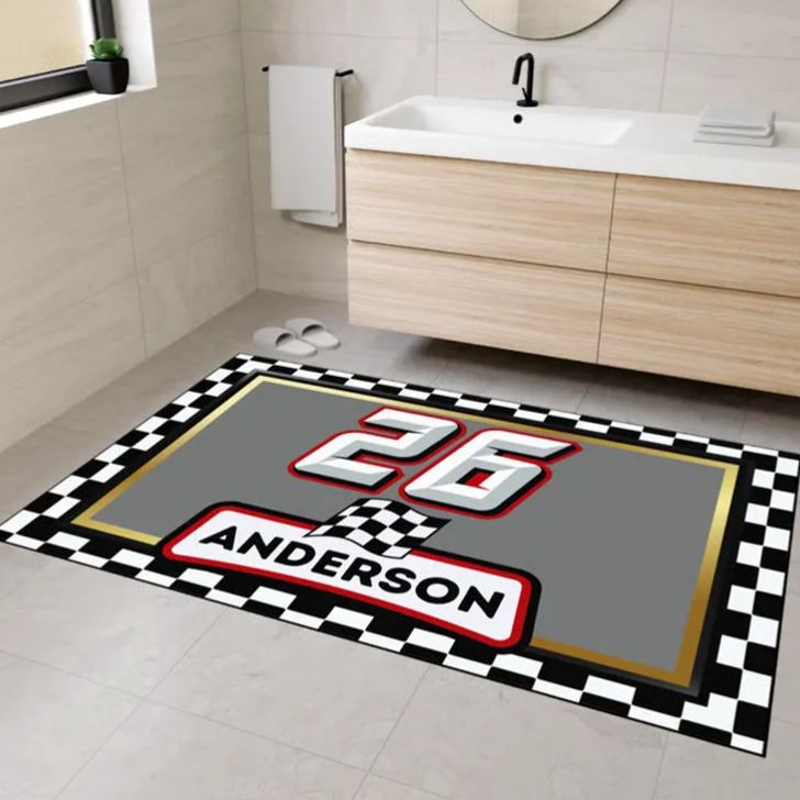 Personalized Racing Doormat Custom Name and Number Checkered Flag Floor Mat Gift for Car Lovers and Motorsport Fans