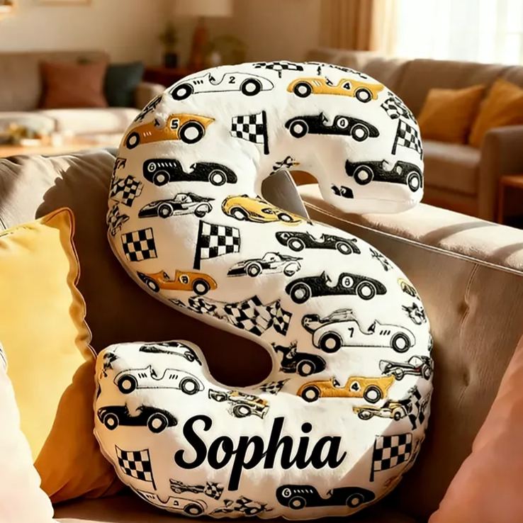 Personalized Racing Letter Pillow Custom Name and Initial Graphic Print Alphabet Cushion Graphic 3D Print Gift for Car Lovers