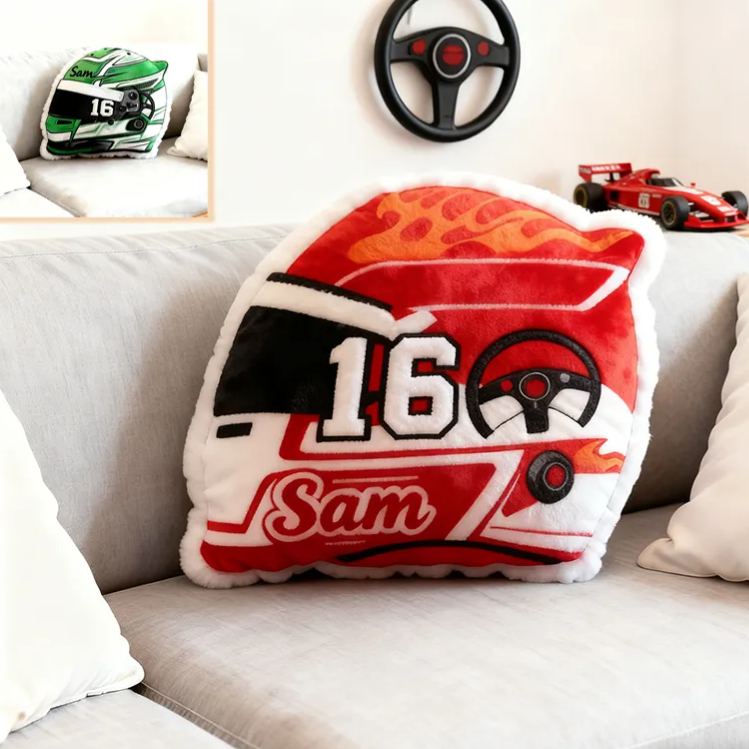 Personalized Racing Helmet Shaped Pillow Custom Name Race Car Design Cushion Gift for Motorsports and Racing Lovers