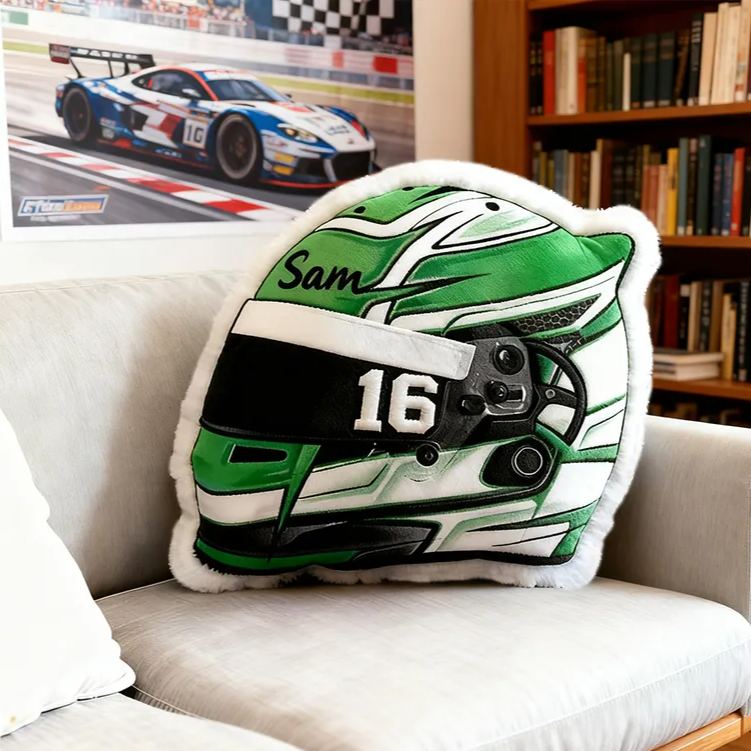 Personalized Racing Helmet Shaped Pillow Custom Name Race Car Design Cushion Gift for Motorsports and Racing Lovers