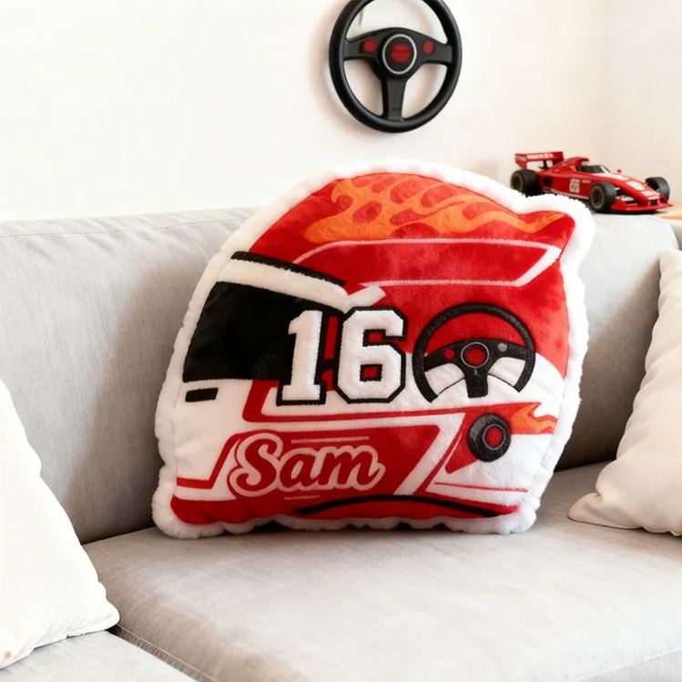 Personalized Racing Helmet Shaped Pillow Custom Name Race Car Design Cushion Gift for Motorsports and Racing Lovers
