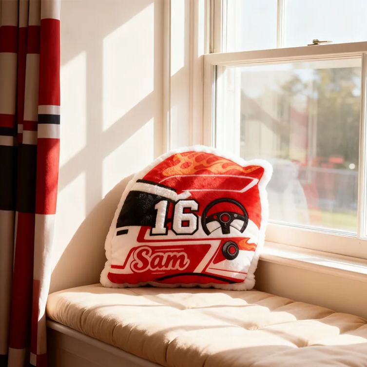 Personalized Racing Helmet Shaped Pillow Custom Name Race Car Design Cushion Gift for Motorsports and Racing Lovers