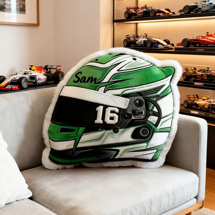 Personalized Racing Helmet Shaped Pillow Custom Name Race Car Design Cushion Gift for Motorsports and Racing Lovers