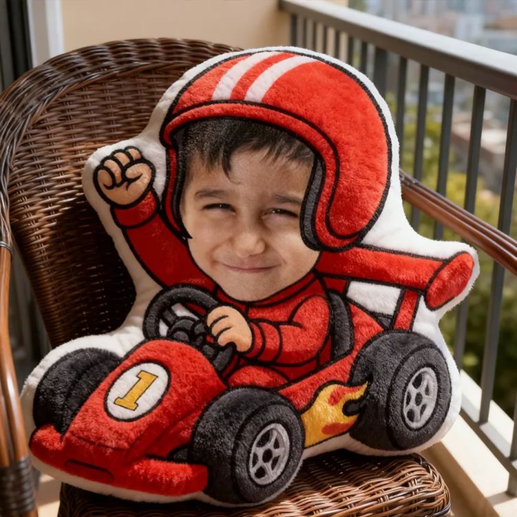 Personalized Go-Kart Racer Pillow with Custom Face Design 3D Print Pillow Custom Race Car Driver Pillow