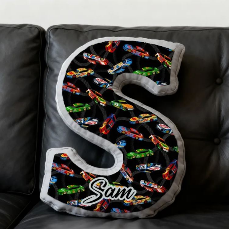 Personalized Race Car Initial Pillow Custom Name Cushion Gift for Car Enthusiasts