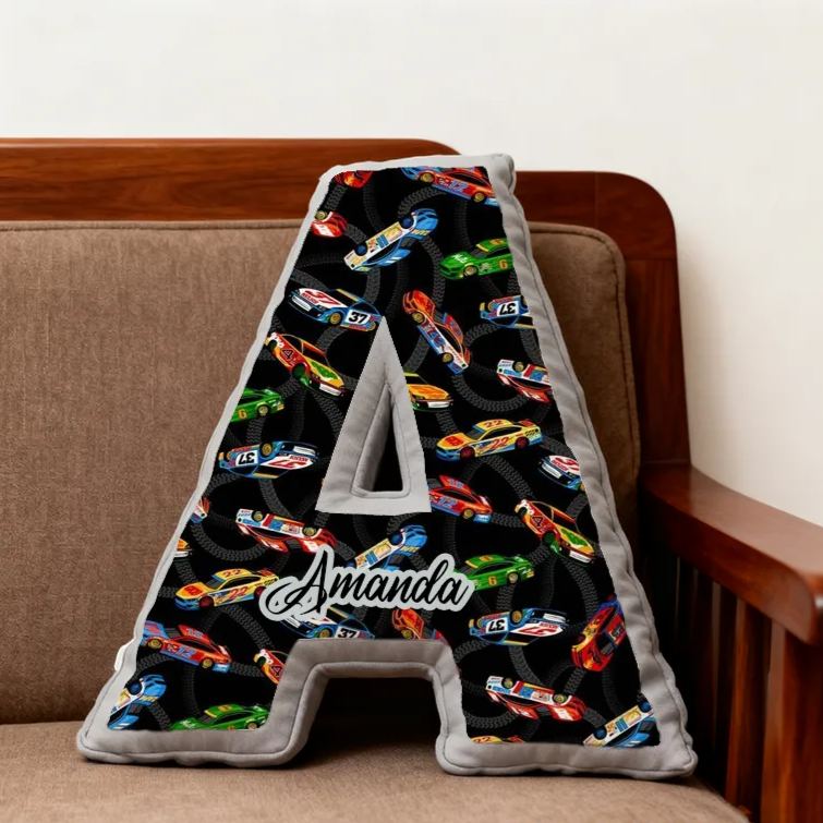 Personalized Race Car Initial Pillow Custom Name Cushion Gift for Car Enthusiasts