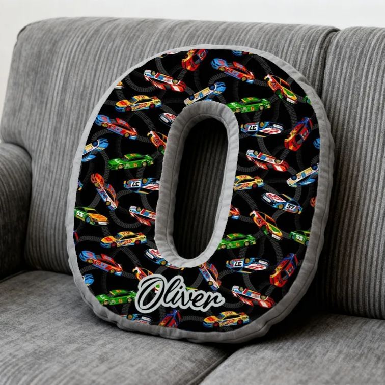 Personalized Race Car Initial Pillow Custom Name Cushion Gift for Car Enthusiasts