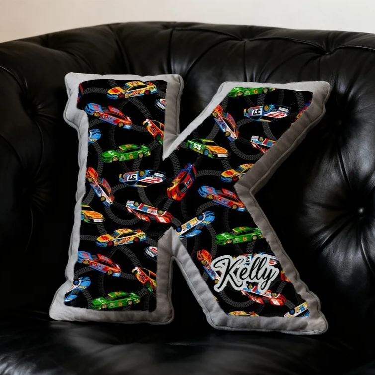 Personalized Race Car Initial Pillow Custom Name Cushion Gift for Car Enthusiasts