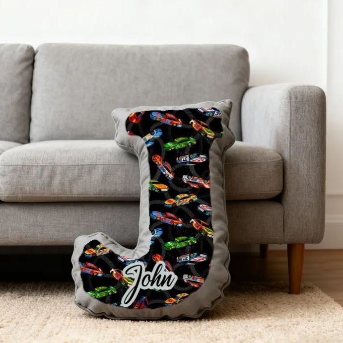 Personalized Race Car Initial Pillow Custom Name Cushion Gift for Car Enthusiasts