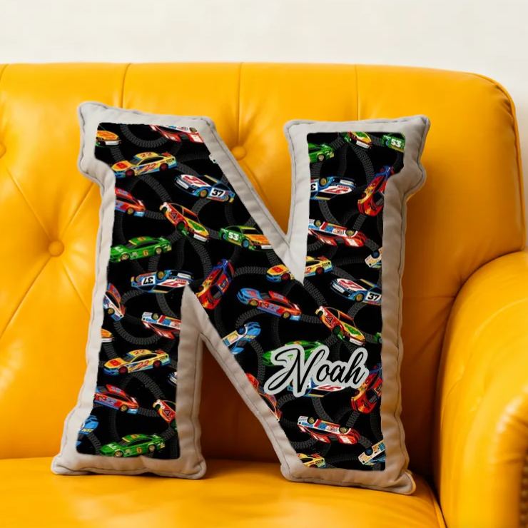Personalized Race Car Initial Pillow Custom Name Cushion Gift for Car Enthusiasts