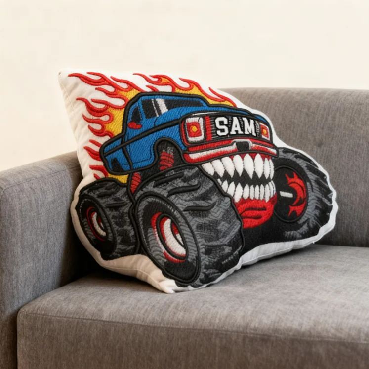 Personalized Monster Truck Shaped Pillow with Flame Design and Custom Name Unique Gift for Kids