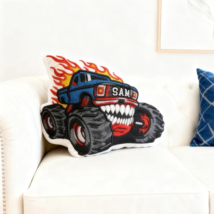 Personalized Monster Truck Shaped Pillow with Flame Design and Custom Name Unique Gift for Kids