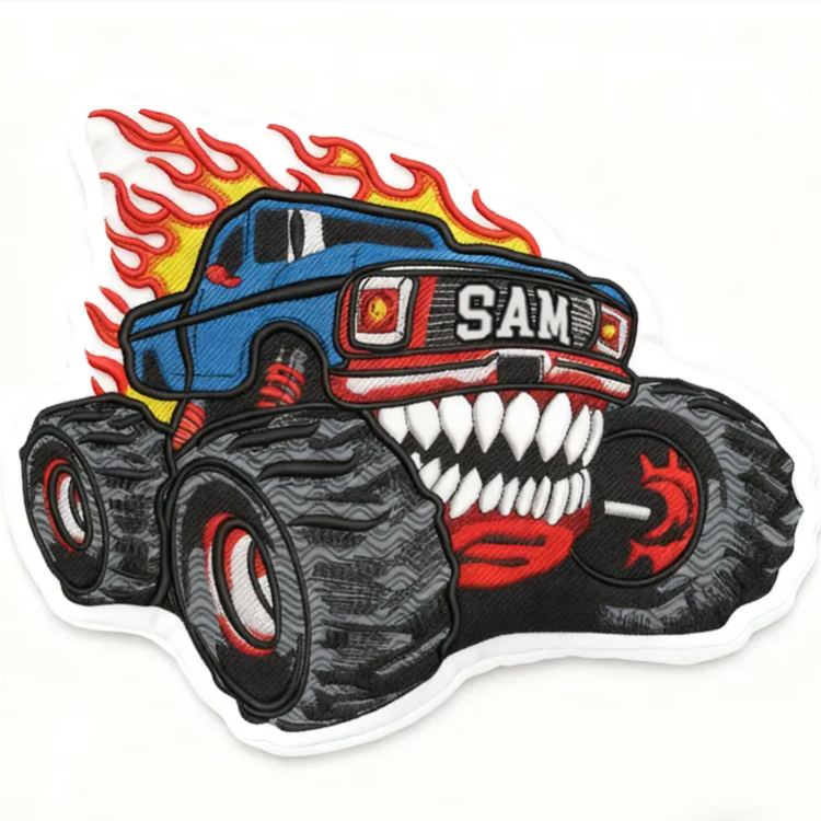 Personalized Monster Truck Shaped Pillow with Flame Design and Custom Name Unique Gift for Kids