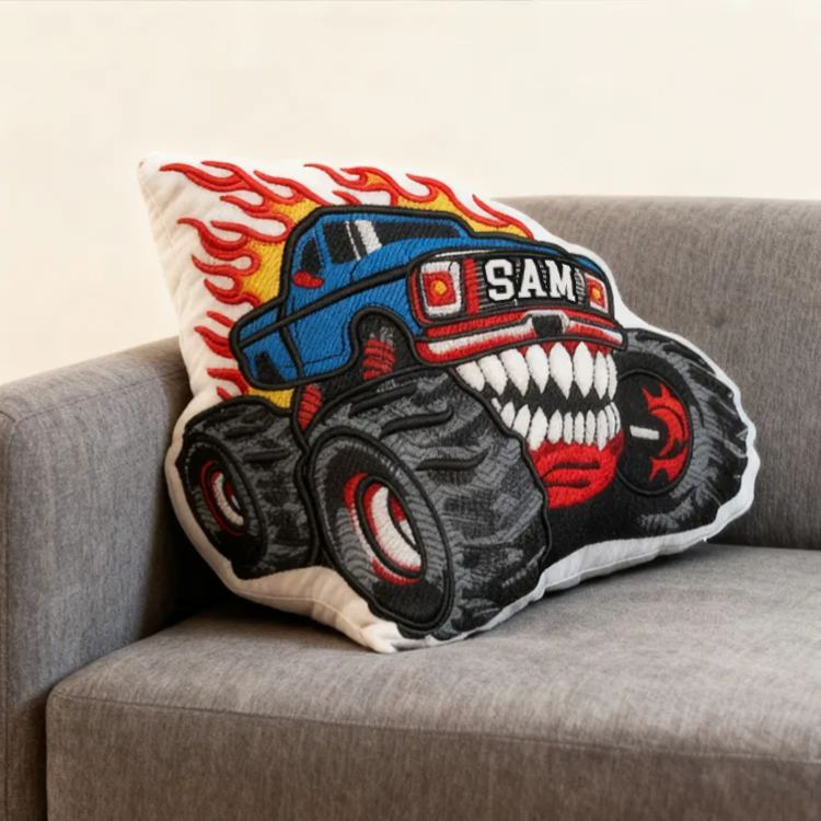 Personalized Monster Truck Shaped Pillow with Flame Design and Custom Name Unique Gift for Kids