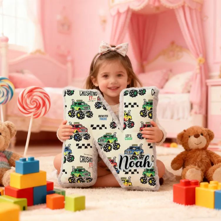 Personalized Monster Truck Vehicle Themed Alphabet Pillow with Custom Name Gift for Kids