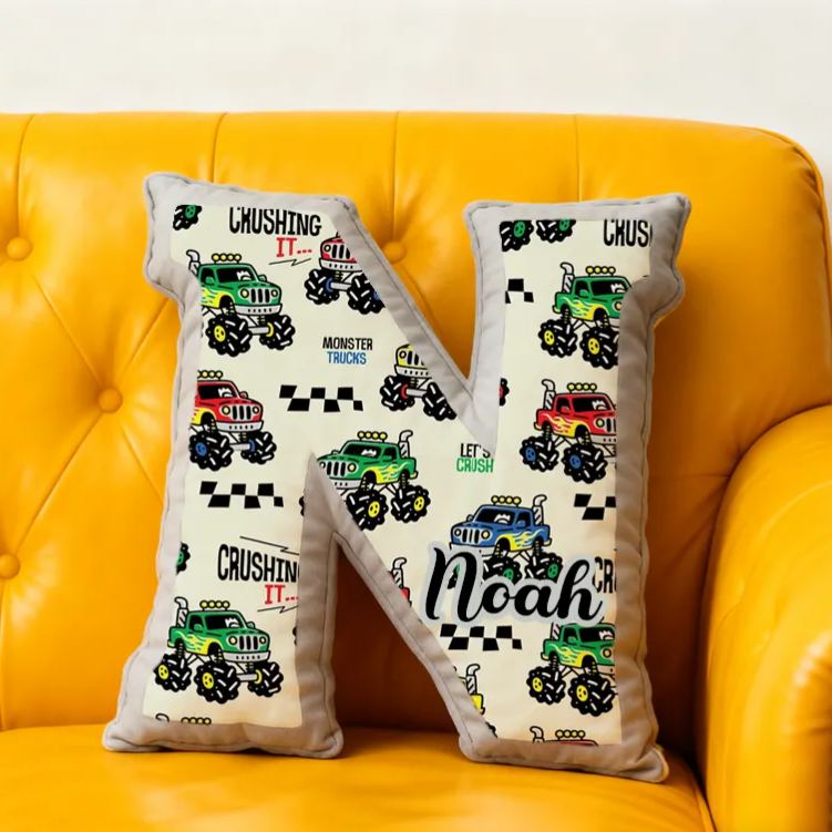 Personalized Monster Truck Vehicle Themed Alphabet Pillow with Custom Name Gift for Kids