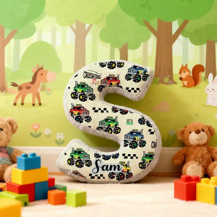 Personalized Monster Truck Vehicle Themed Alphabet Pillow with Custom Name Gift for Kids