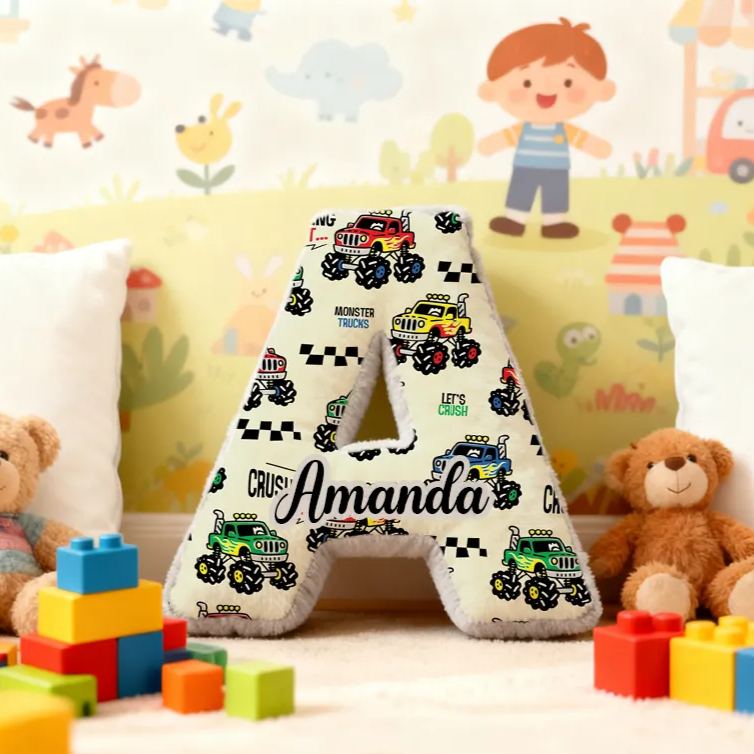 Personalized Monster Truck Vehicle Themed Alphabet Pillow with Custom Name Gift for Kids
