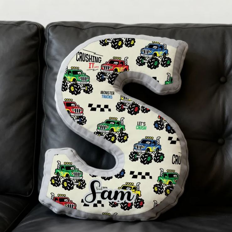 Personalized Monster Truck Vehicle Themed Alphabet Pillow with Custom Name Gift for Kids