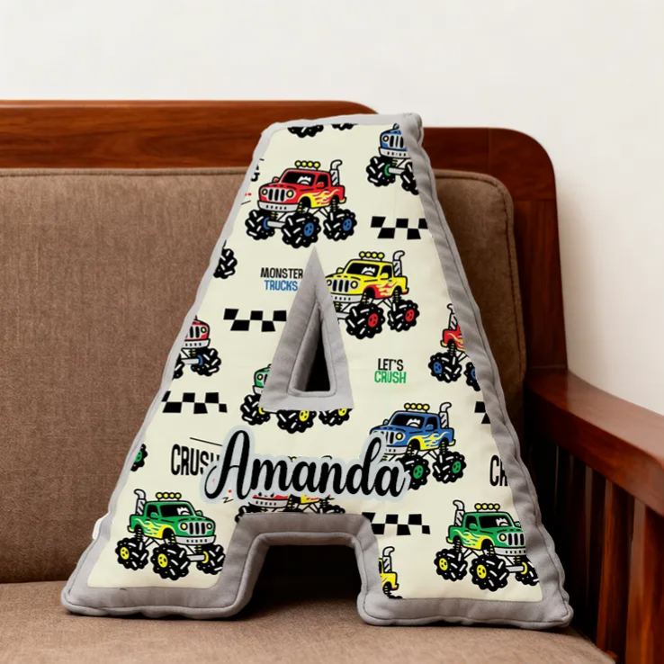 Personalized Monster Truck Vehicle Themed Alphabet Pillow with Custom Name Gift for Kids