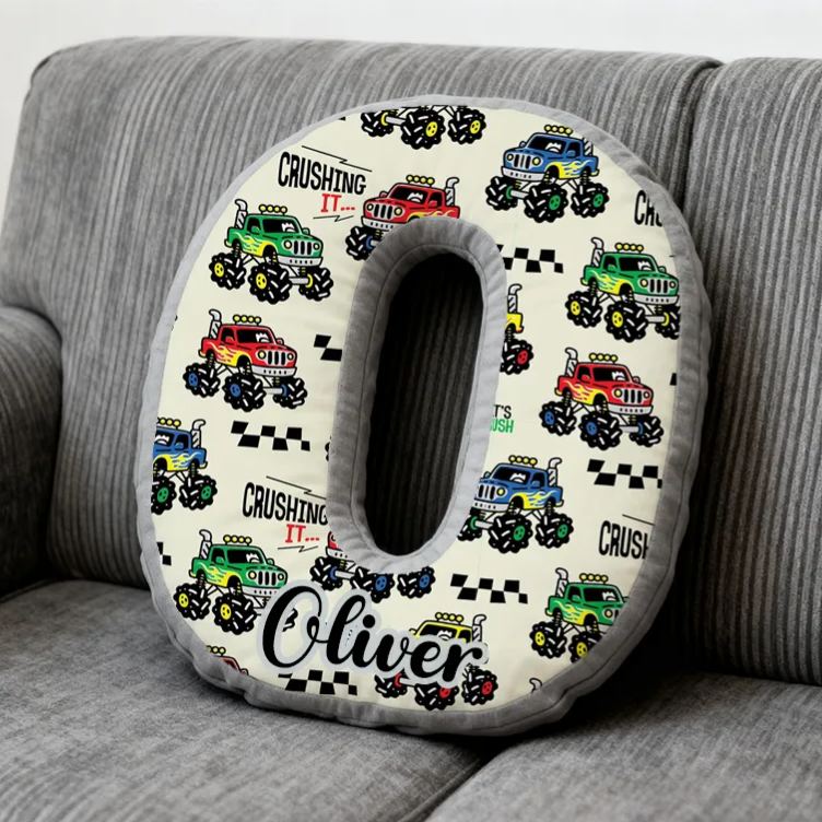 Personalized Monster Truck Vehicle Themed Alphabet Pillow with Custom Name Gift for Kids