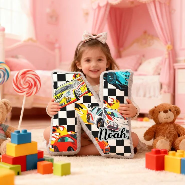 Personalized Racing Vehicle Themed Alphabet Pillow with Custom Name Gift for Kids and Vehicle Fans